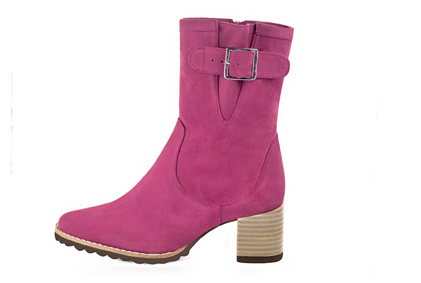 Fuschia pink women's ankle boots with buckles on the sides. Round toe. Medium block heels. Profile view - Florence KOOIJMAN